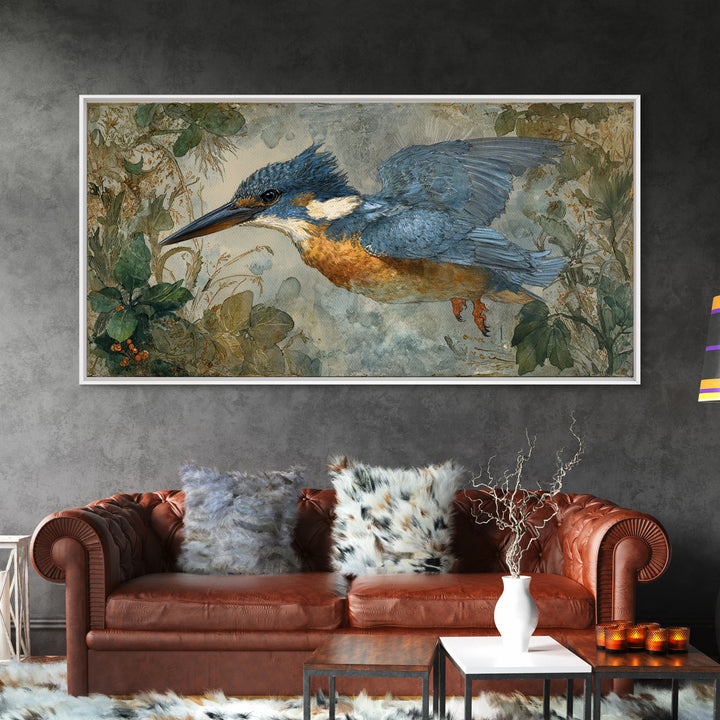 Kingfisher Diving Toward Blue Water Framed Canvas Print, Bird Art, Wall Decor, Living Room Decor, Flight, Boho Wall Decor, BIR-2x1-7