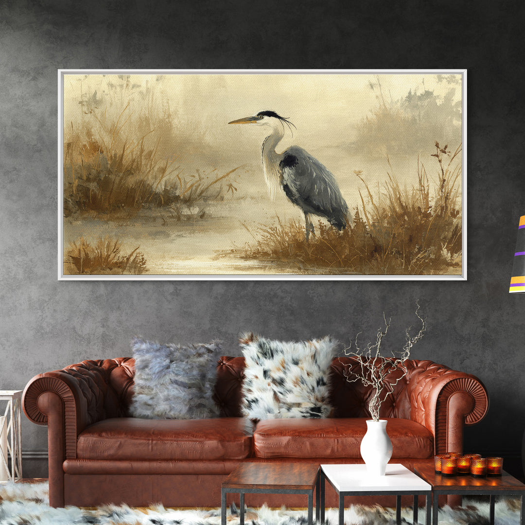 Blue Heron in Misty Marsh Grass Canvas Print, Bird Art, Digital Prints, Living Room Decor, Fine Art, Flight, Modern Art, BIR-2x1-70