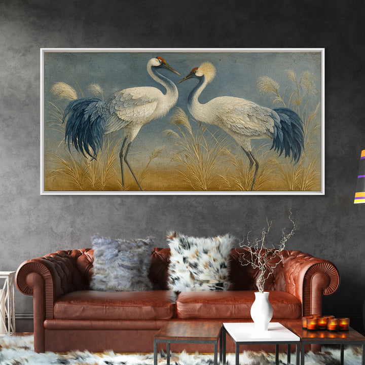 Pair of Cranes Dancing Canvas Print, Bird Art, Nature Prints, Living Room Decor, Abstract Art, Flight, Boho Decor, BIR-2x1-71