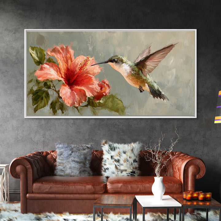 Hummingbird Hovering Beside Bright Hibiscus Framed Canvas Print, Bird Art, Printable Art, Living Room Decor, Fine Art, Flight, BIR-2x1-72