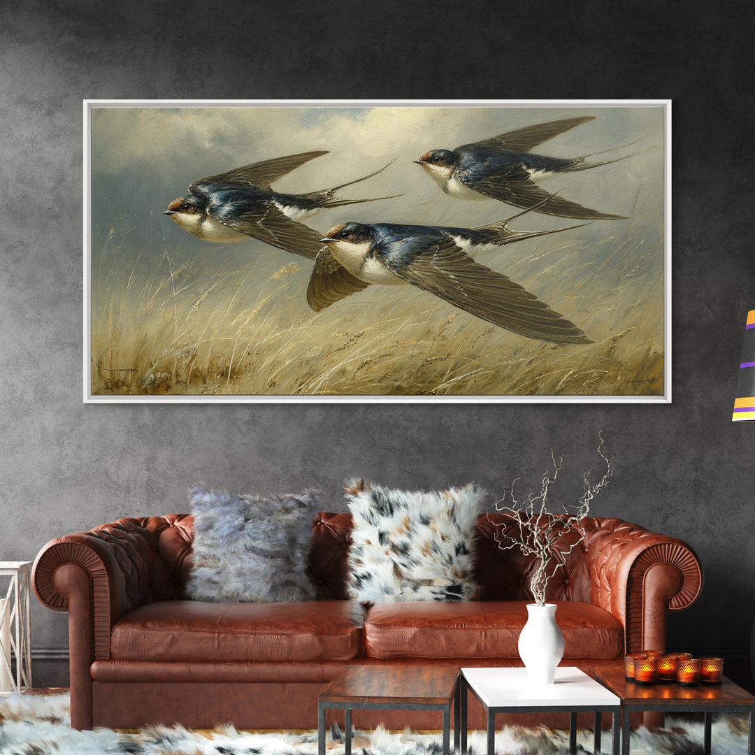 Flock of Swallows Sweeping Across Open Sky Canvas Print, Bird Art, Living Room Decor, Watercolor Art, Flight, BIR-2x1-74