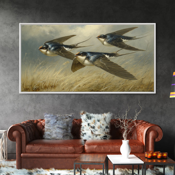 Flock of Swallows Sweeping Across Open Sky Canvas Print, Bird Art, Living Room Decor, Watercolor Art, Flight, BIR-2x1-74