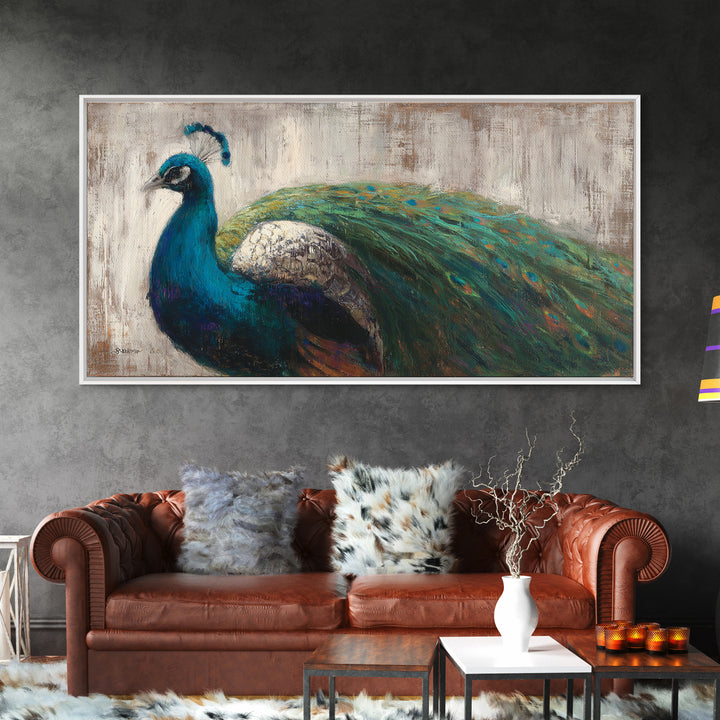Peacock with Jewel Tone Feather Pattern Framed Canvas Print, Bird Art, Boho Decor, Living Room Decor, Fine Art, Flight, BIR-2x1-75