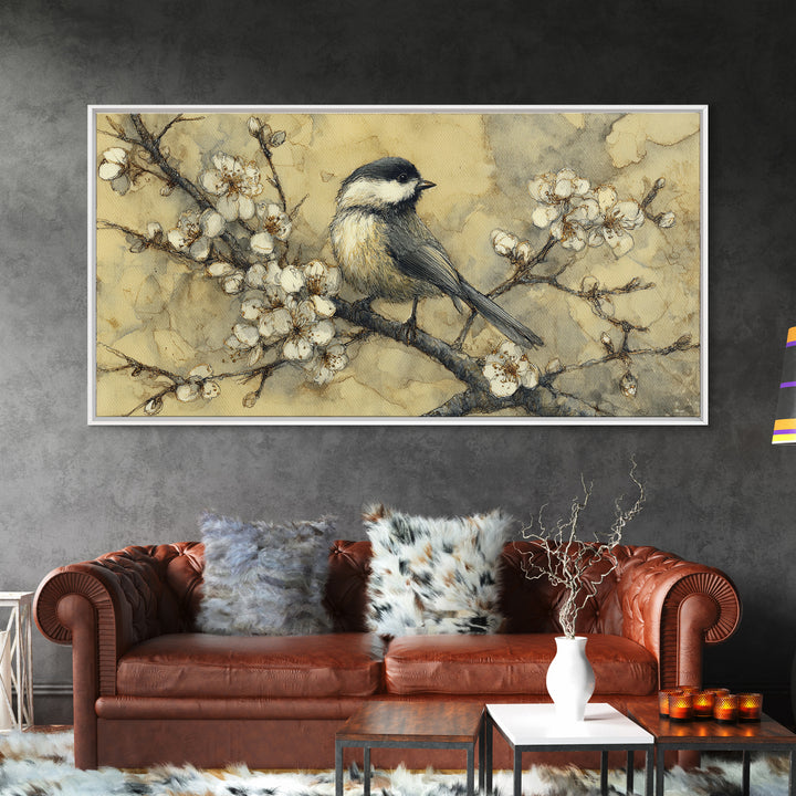 Songbird Perched on Cherry Blossoms Canvas Print, Bird Art, Living Room Decor, Fine Art, Flight, Rustic Home Decor, Floral Art, BIR-2x1-76