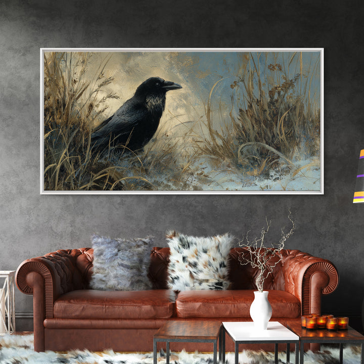 Raven Silhouette with Gothic Atmosphere Canvas Print, Bird Art, Digital Print, Living Room Decor, Oil Painting, Flight, BIR-2x1-77
