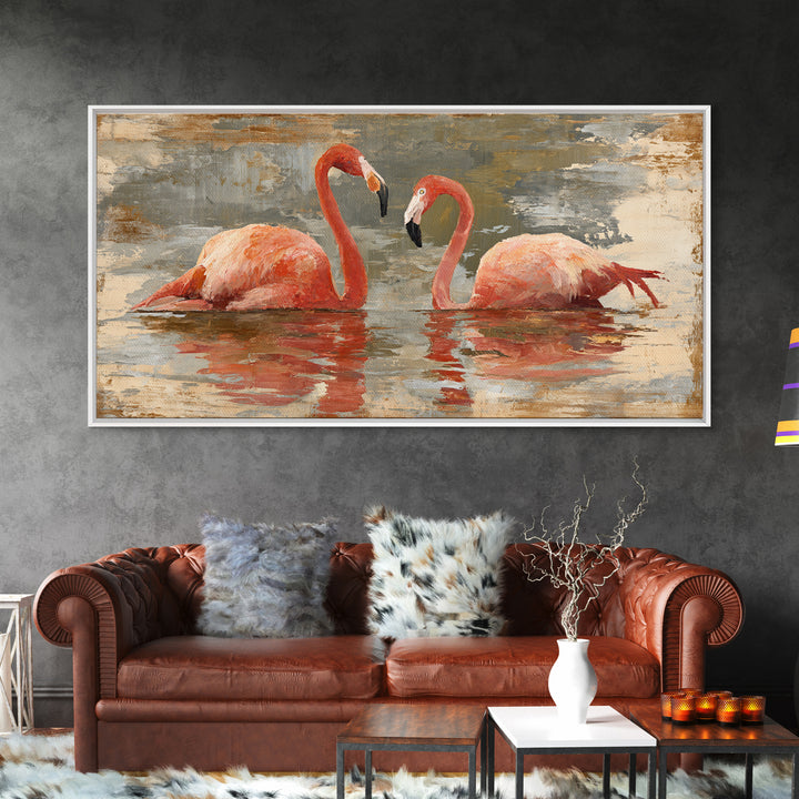 Flamingo Pair in Coral Water Reflections Canvas Print, Bird Art, Contemporary Art, Living Room Decor, Fine Art, Flight, BIR-2x1-78