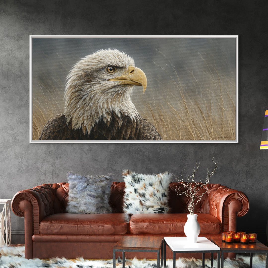 Eagle Portrait with Dramatic Mountain Wind Framed Canvas Print, Bird Art, Luxury Decor, Living Room Decor, Fine Art, Flight, BIR-2x1-8