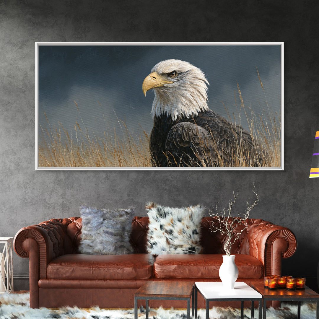 Eagle Portrait with Dramatic Mountain Wind Framed Canvas Print, Bird Art, Modern Art, Living Room Decor, Fine Art, Flight, BIR-2x1-80