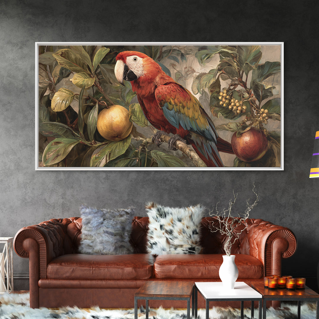 Parrot Among Tropical Leaves and Fruit Framed Canvas Print, Bird Art, Printable Art, Living Room Decor, Watercolor Art, Flight, BIR-2x1-81