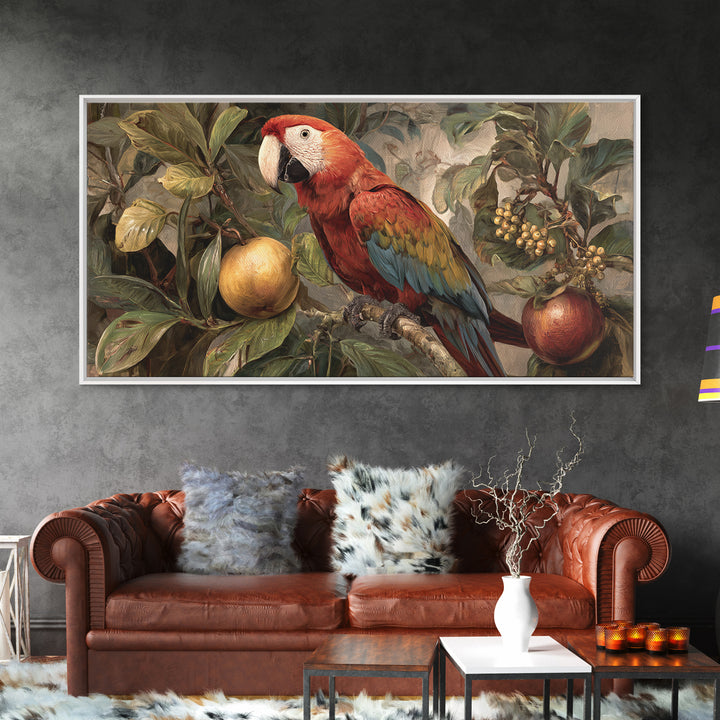 Parrot Among Tropical Leaves and Fruit Framed Canvas Print, Bird Art, Printable Art, Living Room Decor, Watercolor Art, Flight, BIR-2x1-81