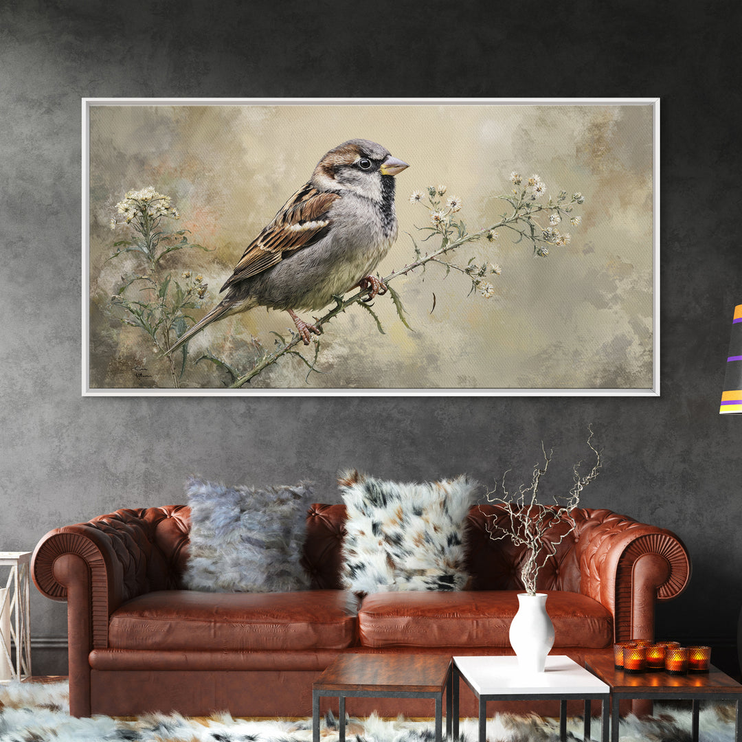 Small Sparrow on Wildflower Stem Canvas Print, Bird Art, Wall Art, Living Room Decor, Watercolor Art, Flight, Japanese Wall Art, BIR-2x1-82