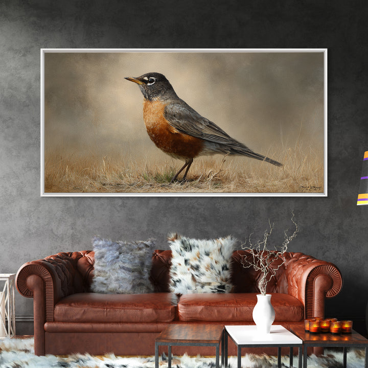 Robin in a Spring Garden with Soft Framed Canvas Print, Bird Art, Contemporary Art, Living Room Decor, Oil Painting, Flight, BIR-2x1-83