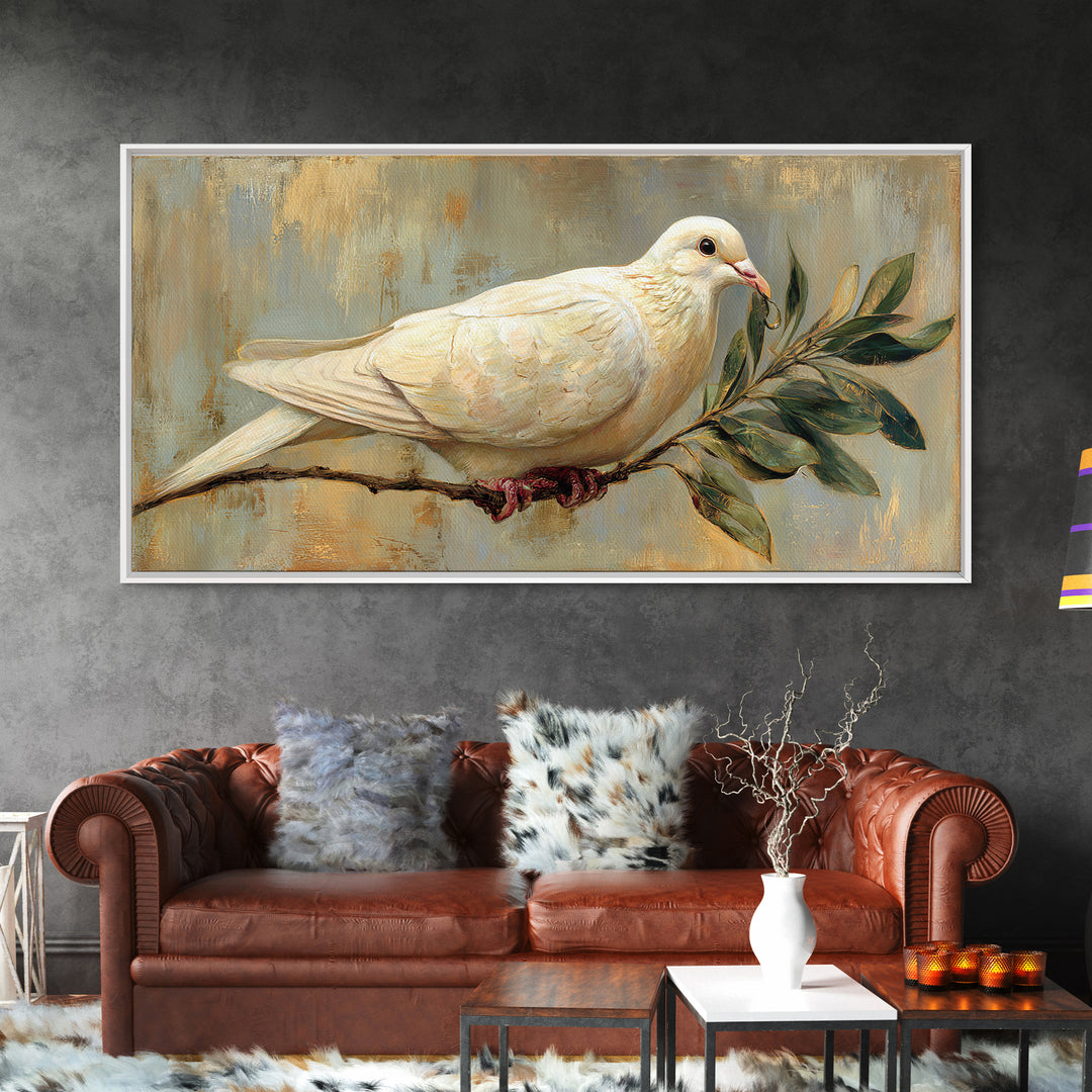 White Dove with Olive Branch and Calm Framed Canvas Print, Bird Art, Botanical Wall Art, Living Room Decor, Watercolor Art, BIR-2x1-84