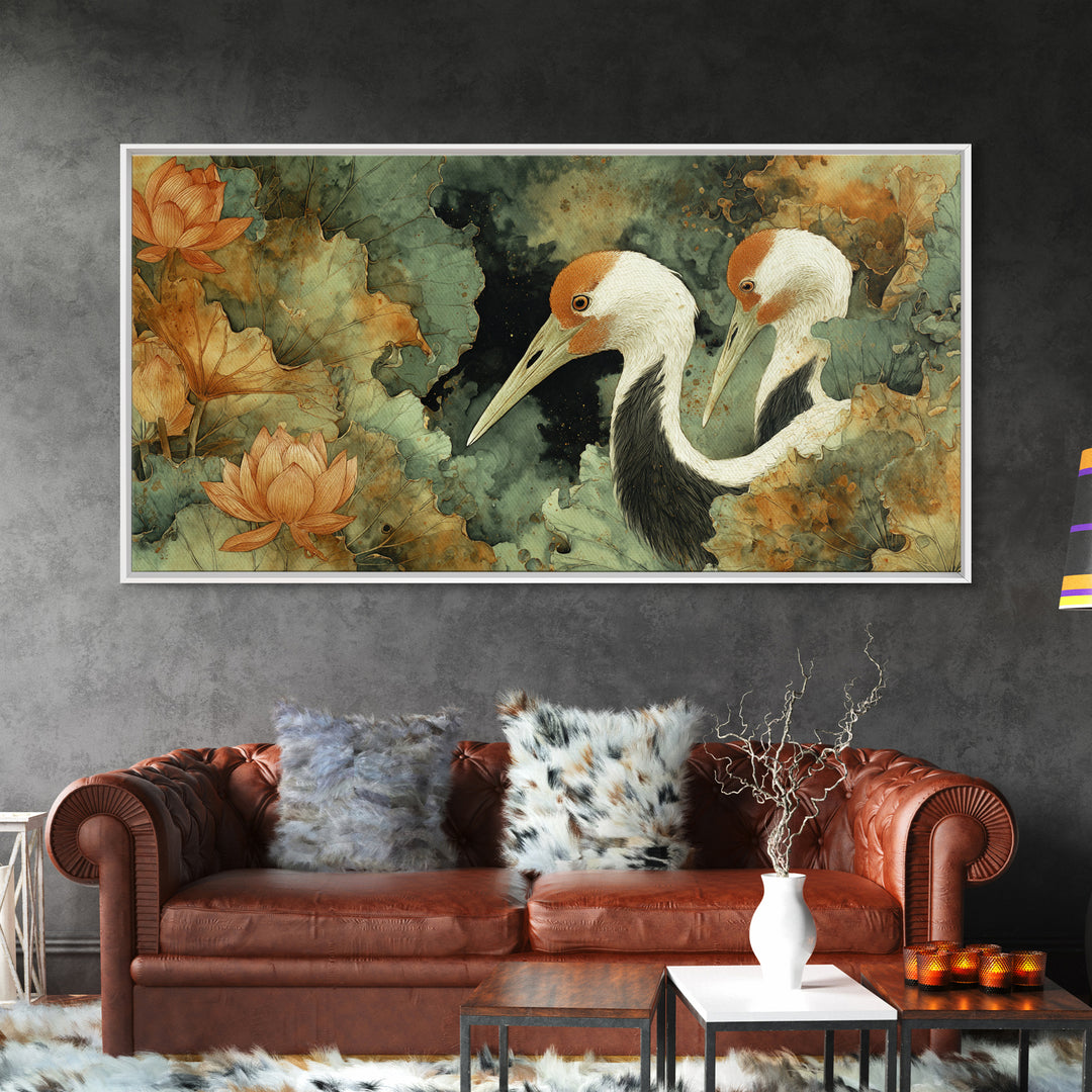 Crane and Lotus Composition Framed Canvas Print, Bird Art, Farmhouse Decor, Living Room Decor, Flight, Digital Download Art, BIR-2x1-85