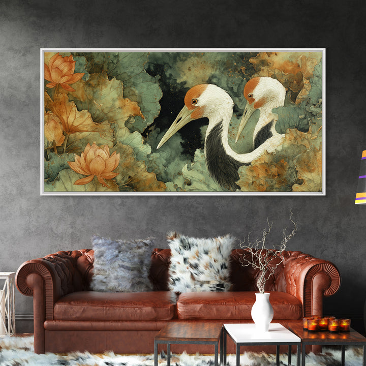 Crane and Lotus Composition Framed Canvas Print, Bird Art, Farmhouse Decor, Living Room Decor, Flight, Digital Download Art, BIR-2x1-85