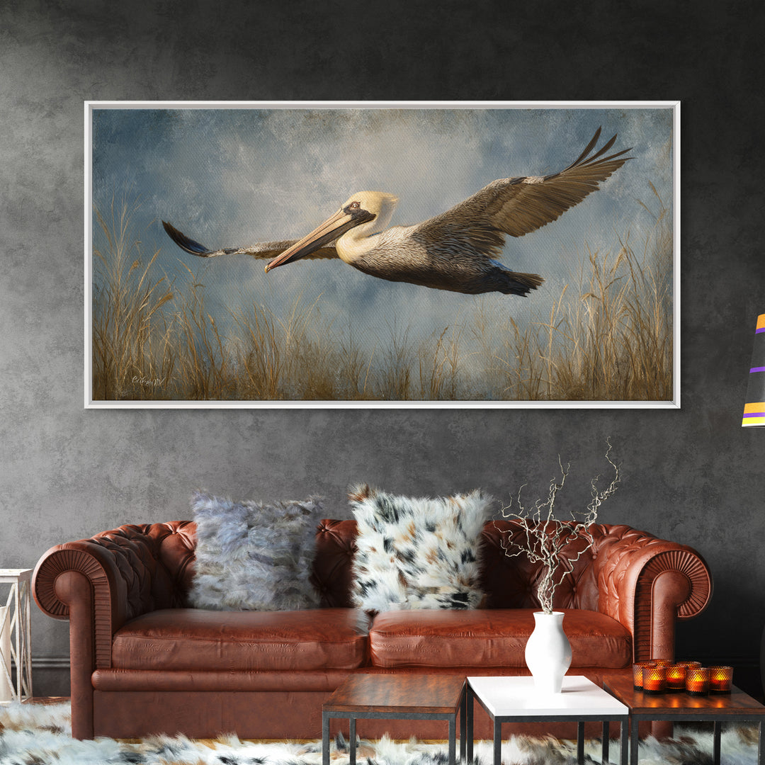 Pelican Flying over Coastal Waves Framed Canvas Print, Bird Art, Home Decor, Living Room Decor, Flight, Modern Wall Art, BIR-2x1-86