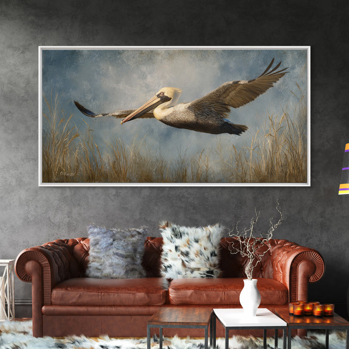 Pelican Flying over Coastal Waves Framed Canvas Print, Bird Art, Home Decor, Living Room Decor, Flight, Modern Wall Art, BIR-2x1-86
