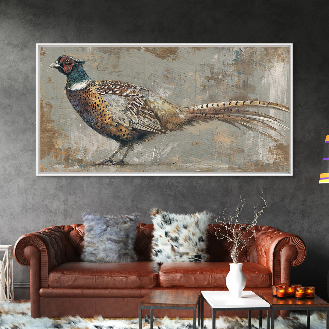 Pheasant with Ornate Feather Details Framed Canvas Print, Bird Art, Mid Century Wall Art, Living Room Decor, Fine Art, Flight, BIR-2x1-87