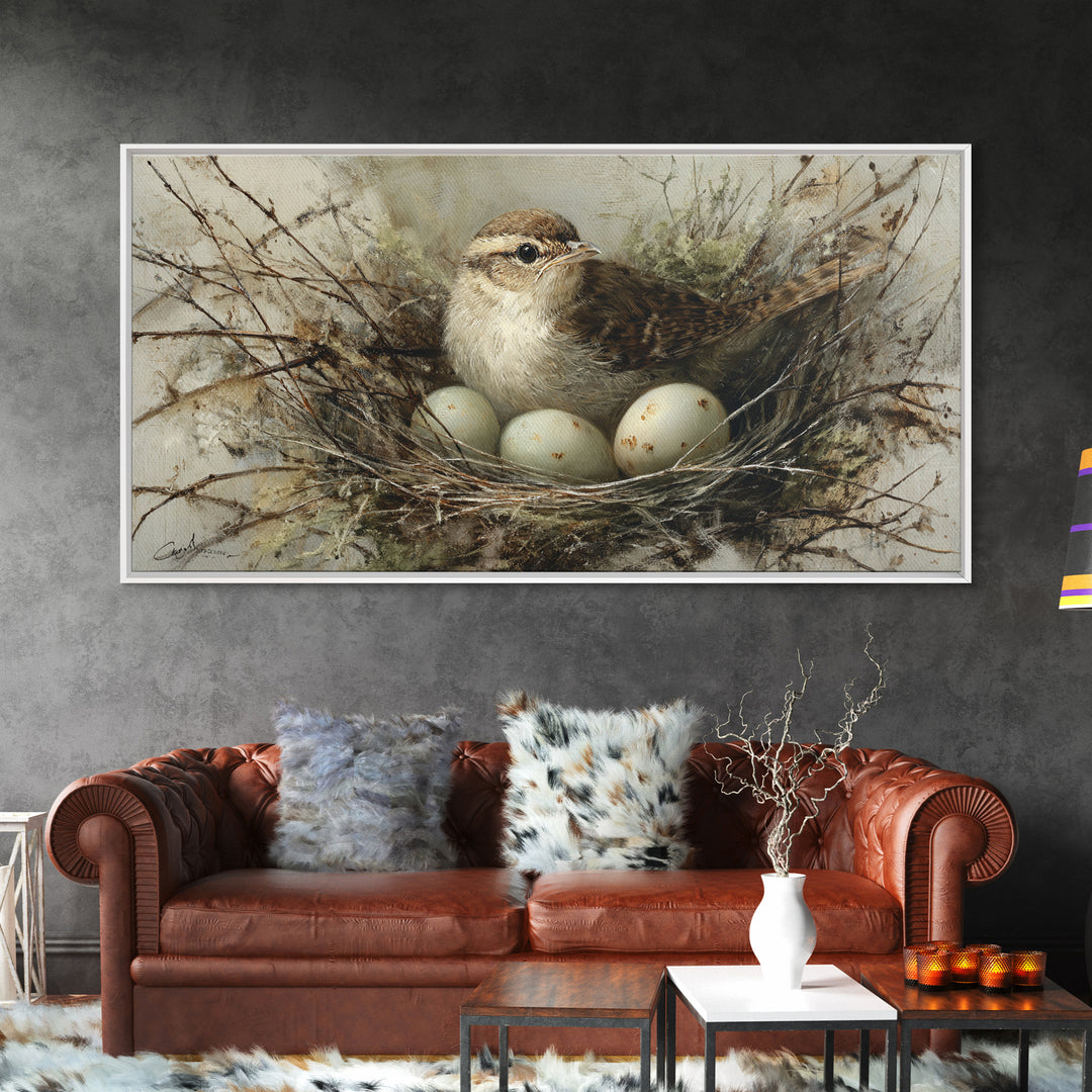 Bird Nest with Eggs and Delicate Twigs Framed Canvas Print, Bird Art, Wall Decor, Living Room Decor, Oil Painting, Flight, BIR-2x1-90