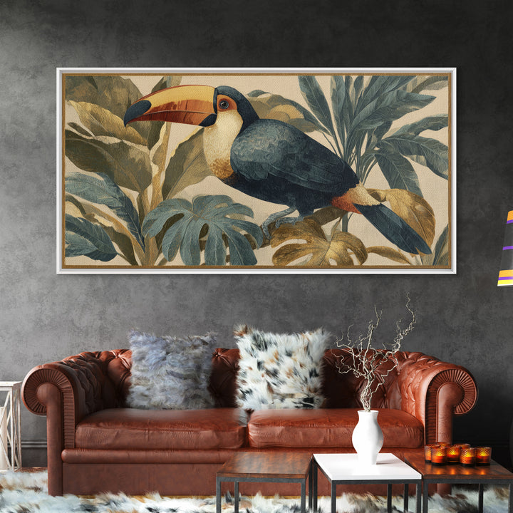 Toucan Framed by Bold Jungle Foliage Framed Canvas Print, Bird Art, Original Art, Living Room Decor, Fine Art, Flight, BIR-2x1-91