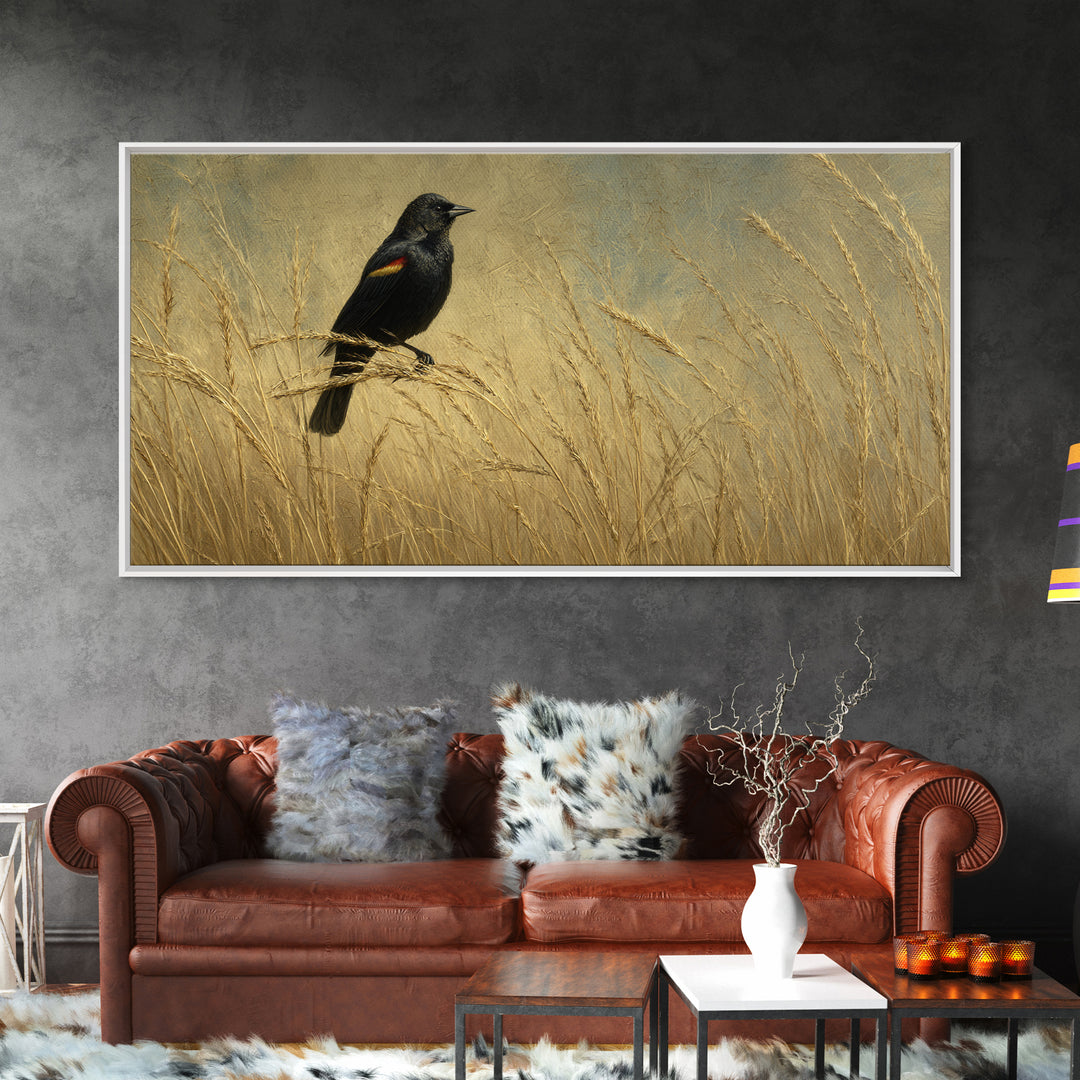 Blackbird on Gold Wheat Field Framed Canvas Print, Bird Art, Modern Wall Art, Living Room Decor, Oil Painting, Flight, BIR-2x1-92