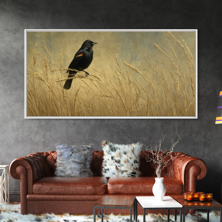 Blackbird on Gold Wheat Field Framed Canvas Print, Bird Art, Modern Wall Art, Living Room Decor, Oil Painting, Flight, BIR-2x1-92