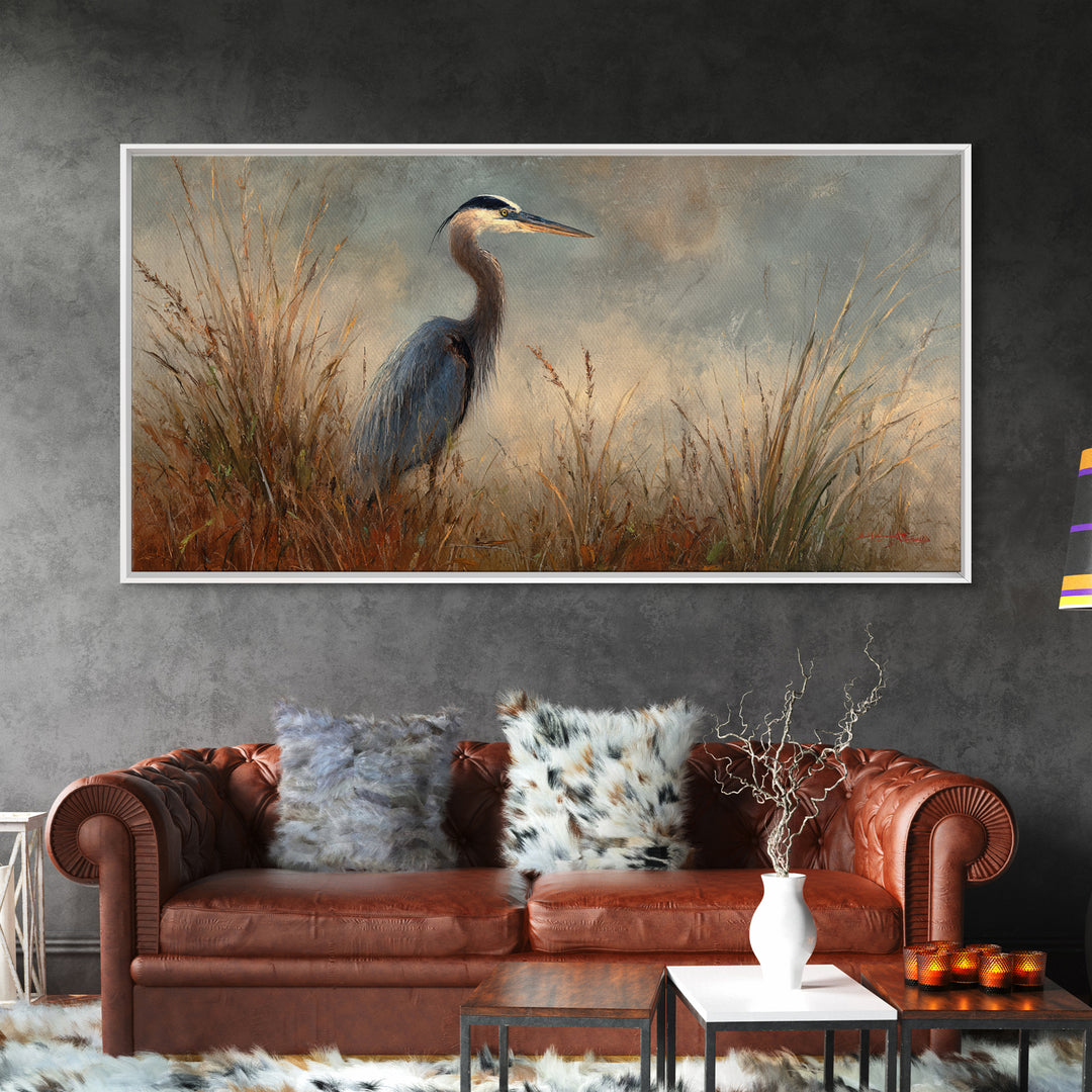 Blue Heron in Misty Marsh Grass Canvas Print, Bird Art, Digital Prints, Living Room Decor, Fine Art, Flight, Modern Art, BIR-2x1-94