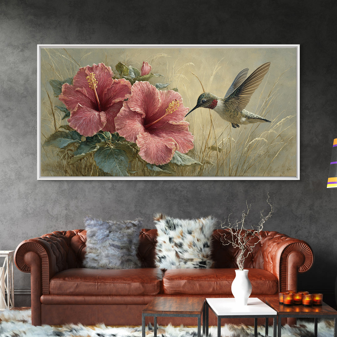 Hummingbird Hovering Beside Bright Hibiscus Framed Canvas Print, Bird Art, Bird Prints, Living Room Decor, Oil Painting, Flight, BIR-2x1-96
