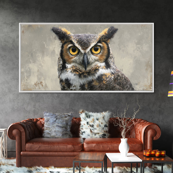 Owl Portrait with Wise Golden Eyes Framed Canvas Print, Bird Art, Japanese Wall Art, Living Room Decor, Oil Painting, Flight, BIR-2x1-97