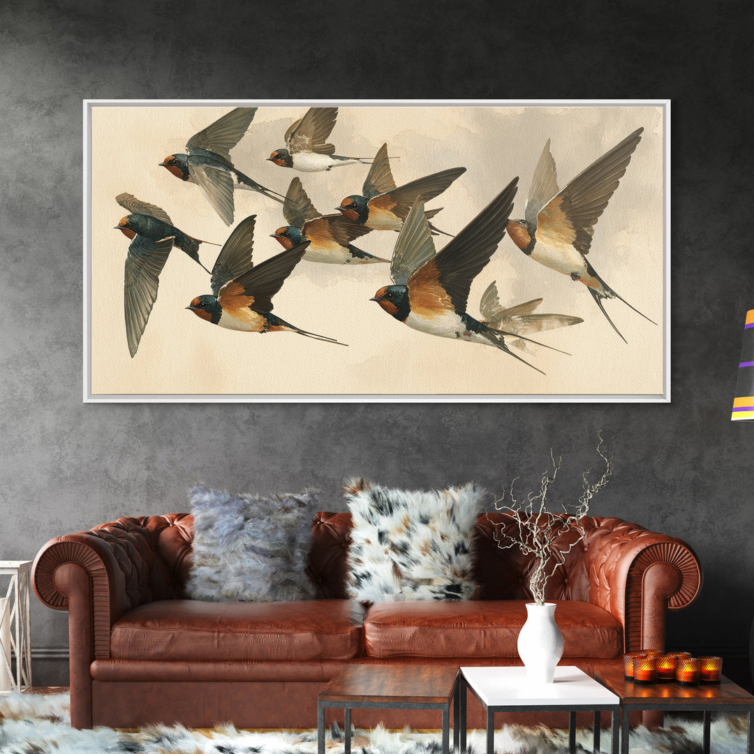 Flock of Swallows Sweeping Across Open Sky Canvas Print, Bird Art, Living Room Decor, Watercolor Art, Flight, BIR-2x1-98