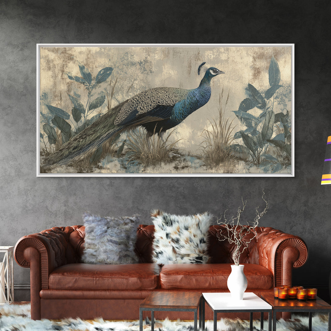 Peacock with Jewel Tone Feather Pattern Framed Canvas Print, Bird Art, Boho Wall Decor, Living Room Decor, Fine Art, Flight, BIR-2x1-99