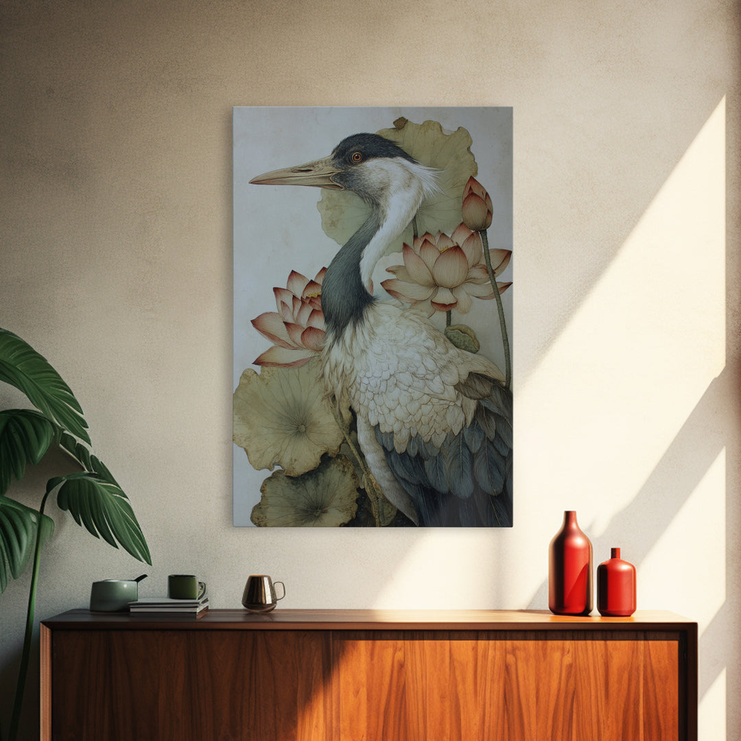 Crane and Lotus Composition Framed Canvas Print, Bird Art, Wall Art, Living Room Decor, Fine Art, Flight, Japanese Wall Art, BIR-2x3-1