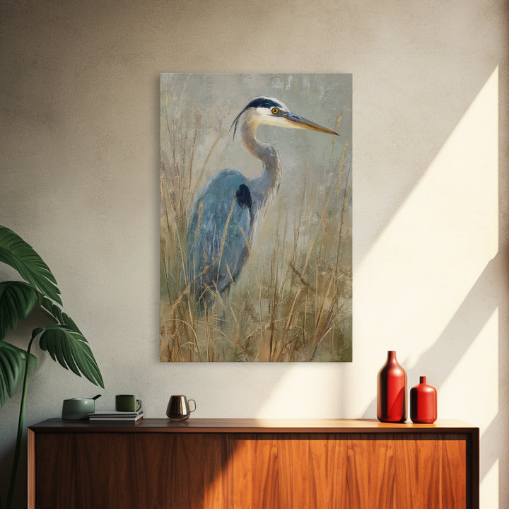Blue Heron in Misty Marsh Grass Canvas Print, Bird Art, Luxury Decor, Living Room Decor, Flight, Art Deco, Original Art, BIR-2x3-10
