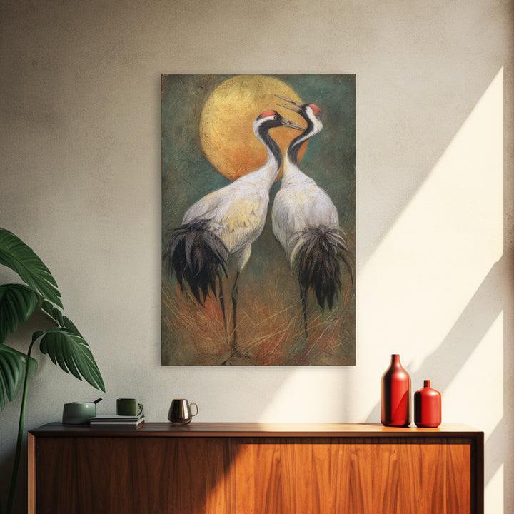 Pair of Cranes Dancing Canvas Print, Bird Art, Forest Wall Art, Living Room Decor, Abstract Art, Flight, Minimalist Decor, BIR-2x3-11