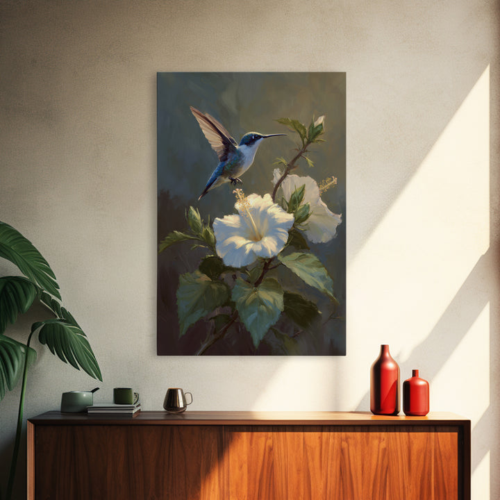 Hummingbird Hovering Beside Bright Hibiscus Framed Canvas Print, Bird Art, Minimalist Decor, Living Room Decor, Oil Painting, BIR-2x3-12