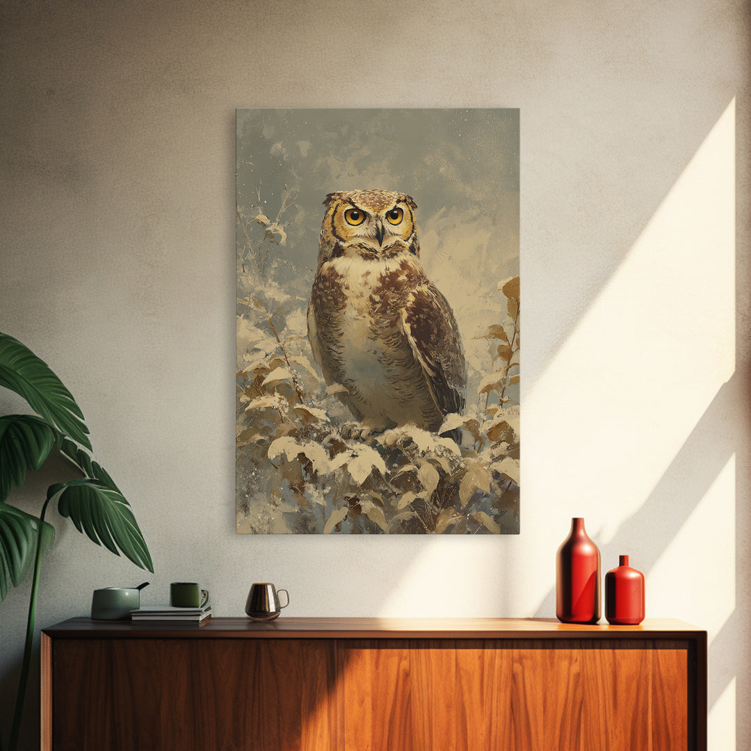 Owl Portrait with Wise Golden Eyes Framed Canvas Print, Bird Art, Digital Prints, Living Room Decor, Fine Art, Flight, BIR-2x3-13