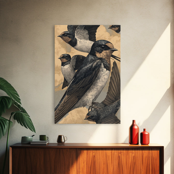 Flock of Swallows Sweeping Across Open Sky Canvas Print, Bird Art, Art Print, Living Room Decor, Oil Painting, Flight, BIR-2x3-14