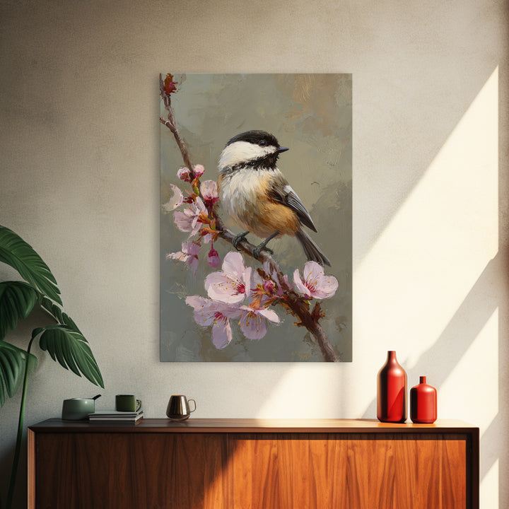 Songbird Perched on Cherry Blossoms Canvas Print, Bird Art, Digital Download Art, Living Room Decor, Fine Art, Flight, BIR-2x3-16