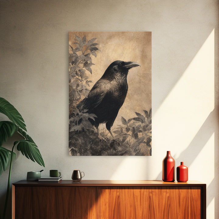 Raven Silhouette with Gothic Atmosphere Framed Canvas Print, Bird Art, Living Room Decor, Abstract Art, Flight, BIR-2x3-17