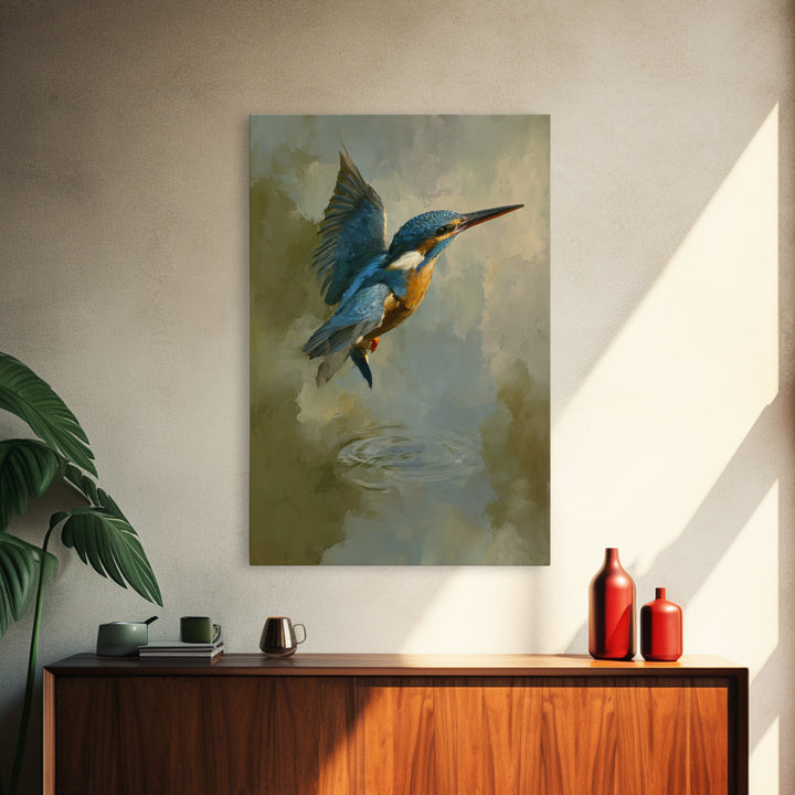 Kingfisher Diving Toward Blue Water Framed Canvas Print, Bird Art, Neutral Decor, Living Room Decor, Fine Art, Flight, BIR-2x3-19