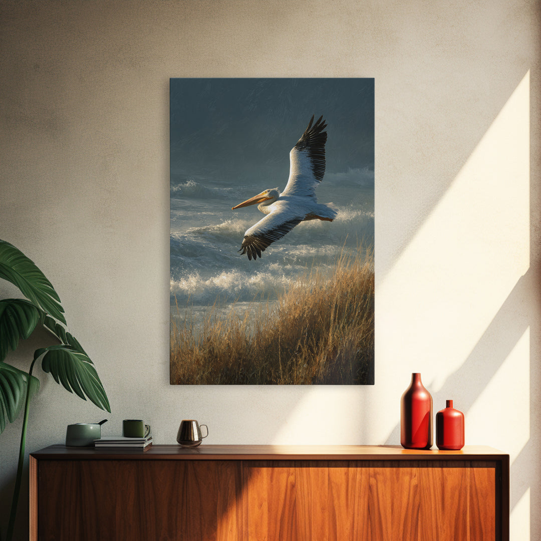 Pelican Flying over Coastal Waves Framed Canvas Print, Bird Art, Boho Decor, Living Room Decor, Abstract Art, Flight, BIR-2x3-2