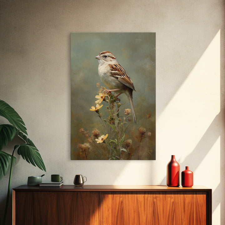 Small Sparrow on Wildflower Stem Framed Canvas Print, Bird Art, Textured Painting, Living Room Decor, Fine Art, Flight, BIR-2x3-22