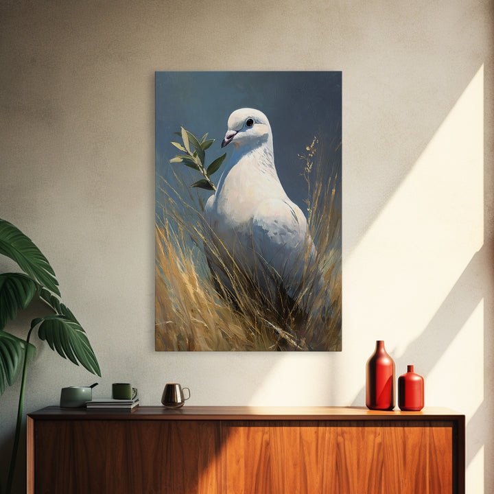 White Dove with Olive Branch and Calm Framed Canvas Print, Bird Art, Living Room Art, Living Room Decor, Watercolor Art, Flight, BIR-2x3-24