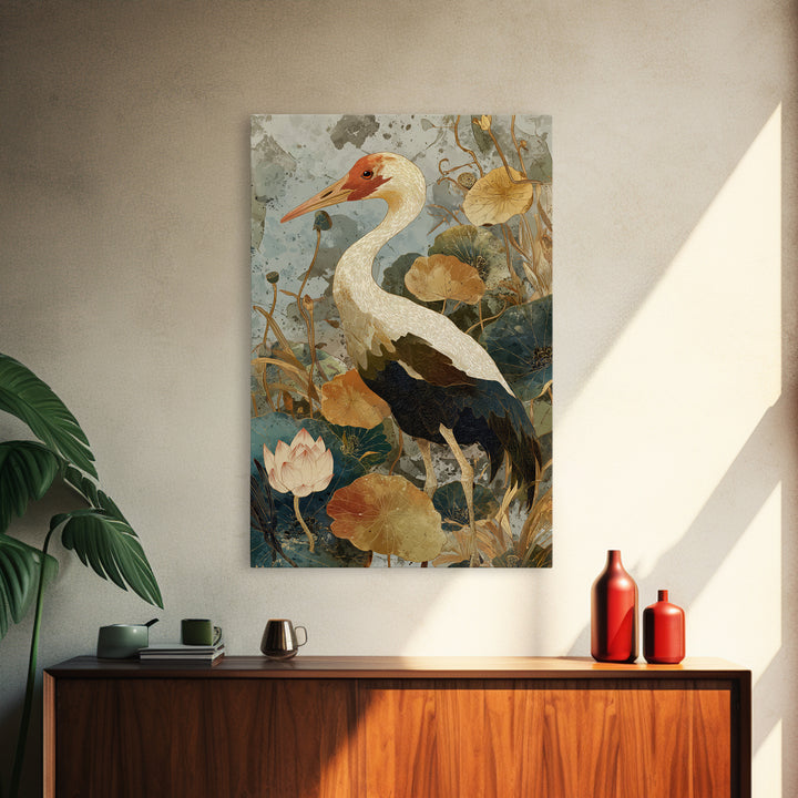 Crane and Lotus Composition Framed Canvas Print, Bird Art, Wall Art, Living Room Decor, Fine Art, Flight, Japanese Wall Art, BIR-2x3-25