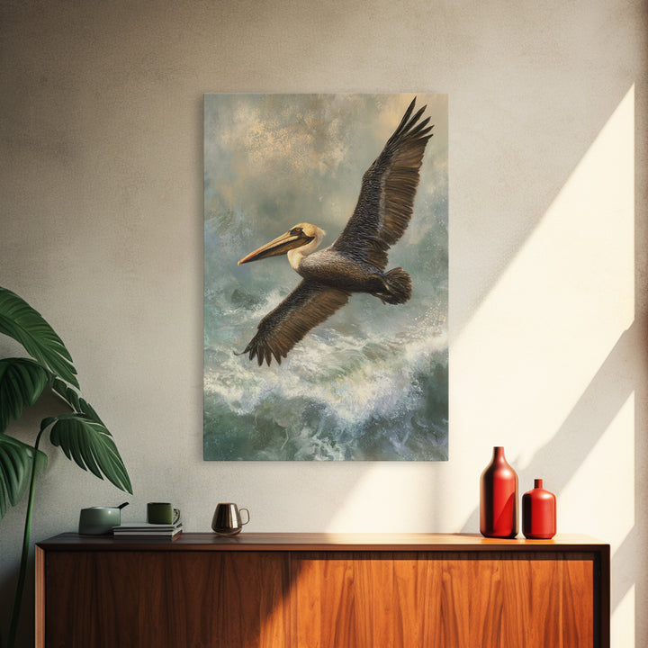 Pelican Flying over Coastal Waves Framed Canvas Print, Bird Art, Boho Decor, Living Room Decor, Abstract Art, Flight, BIR-2x3-26
