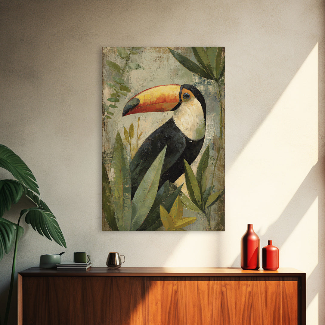 Toucan Framed by Bold Jungle Foliage Canvas Print, Bird Art, Statement Artwork, Living Room Decor, Flight, Digital Prints, BIR-2x3-31