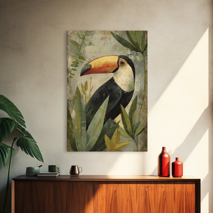 Toucan Framed by Bold Jungle Foliage Canvas Print, Bird Art, Statement Artwork, Living Room Decor, Flight, Digital Prints, BIR-2x3-31