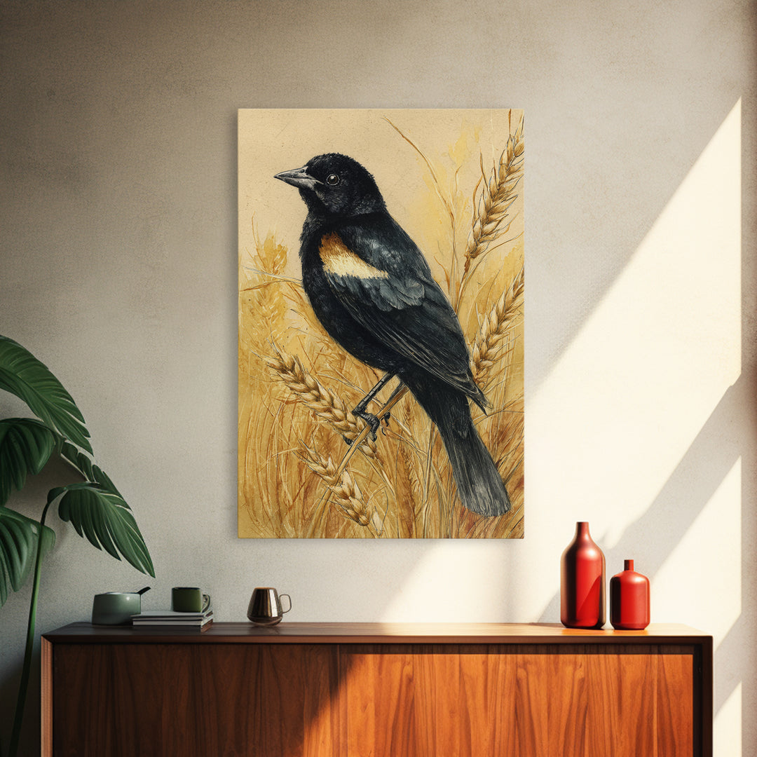 Blackbird on Gold Wheat Field Canvas Print, Bird Art, Bird Wall Art, Living Room Decor, Fine Art, Flight, Art Print, BIR-2x3-32