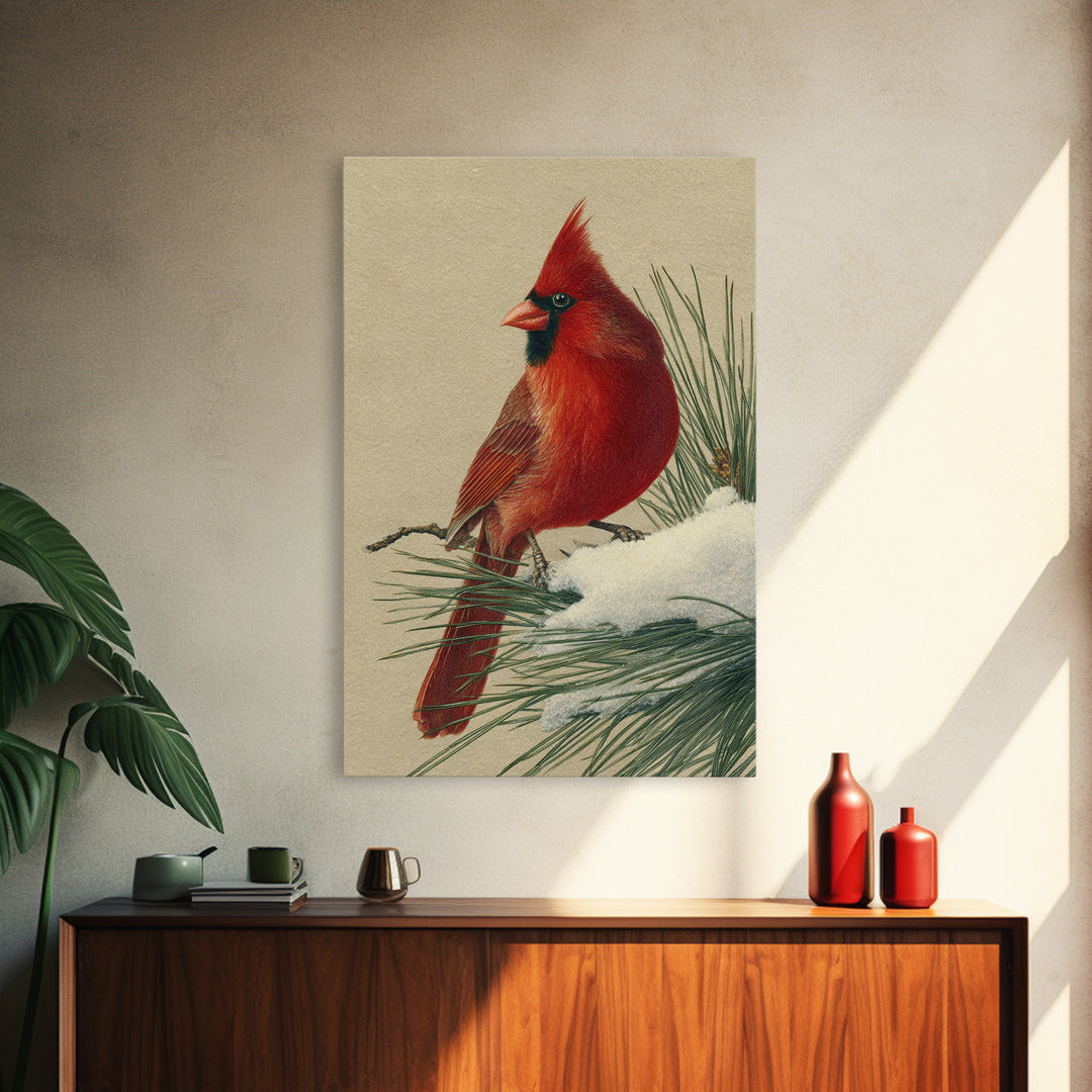 Red Cardinal on Snowy Pine Branch Framed Canvas Print, Bird Art, Digital Print, Living Room Decor, Flight, Bird Prints, BIR-2x3-33
