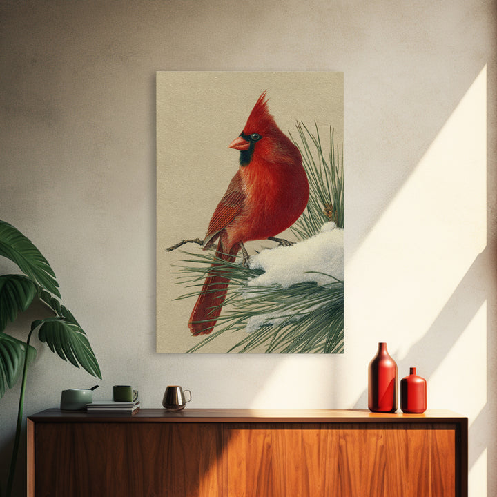 Red Cardinal on Snowy Pine Branch Framed Canvas Print, Bird Art, Digital Print, Living Room Decor, Flight, Bird Prints, BIR-2x3-33